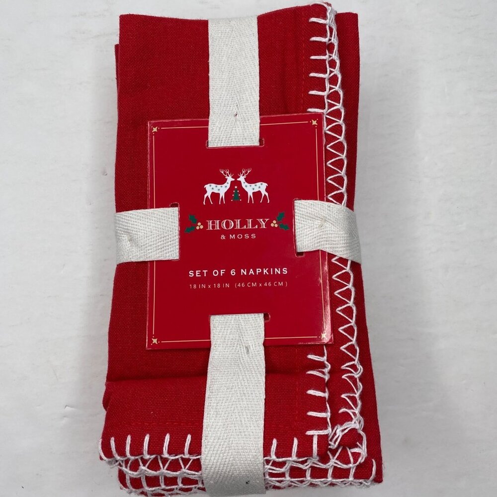 Holly & Moss Red Holiday Napkins Set Of 6 18"x18" Cotton Polyester White Borders